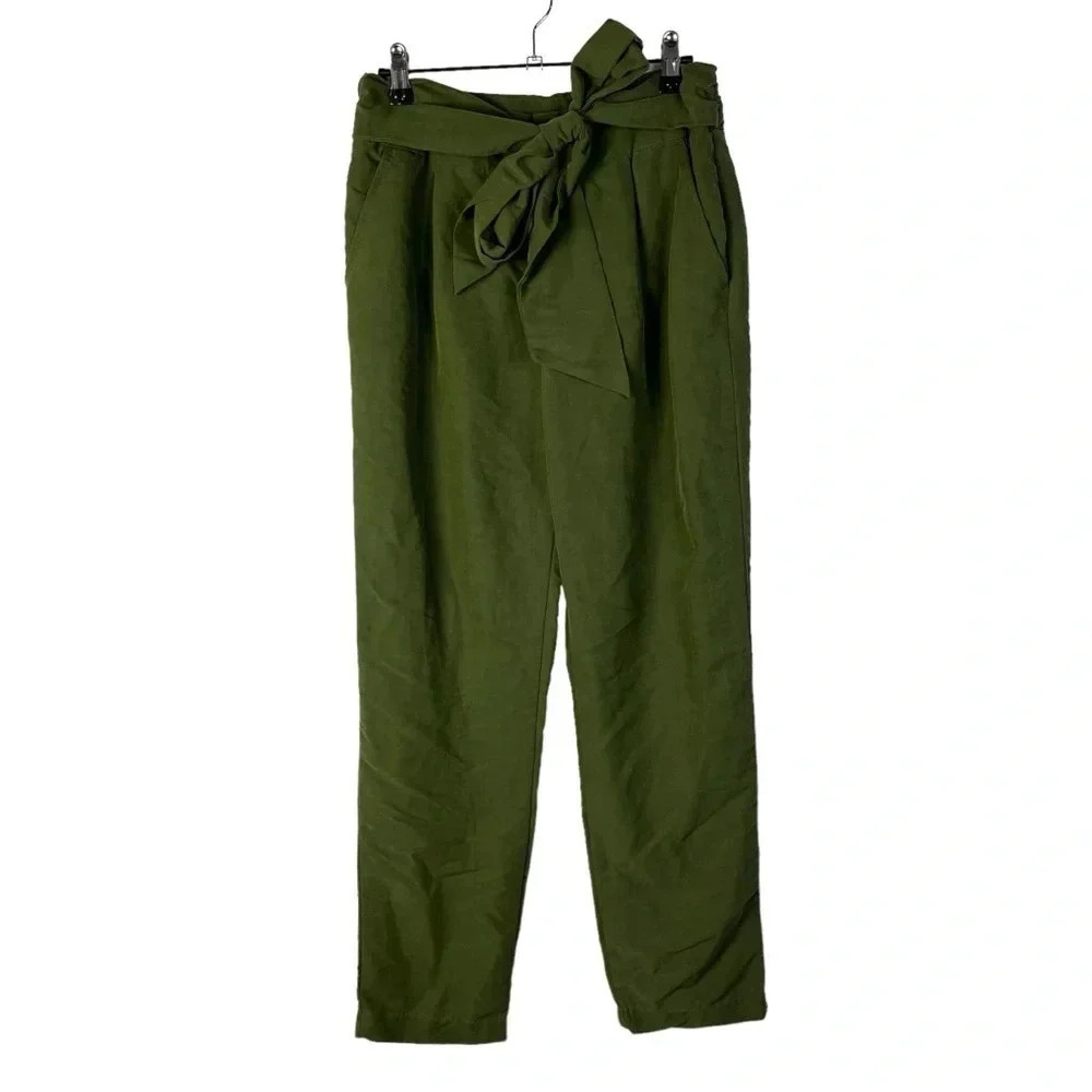 Anthropologie Coquille Olive Green Straight Leg Paper Bag Pants 2